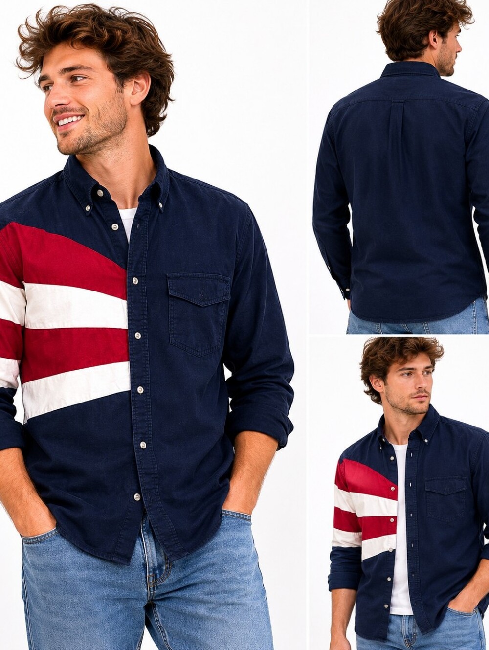 Wrangler Western Shirt Men's Large Colorblock Red White Blue Button Down